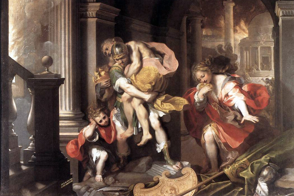 Aeneas Escapes Burning Troy, by Federico Barocci (1598). Galleria Borghese, Rome, Italy